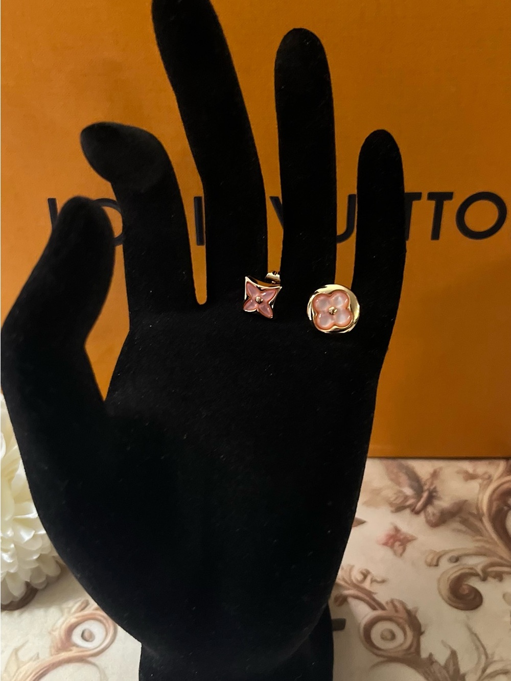 Louis Vuitton Pink Enamel Flower & Monogram Stud Earrings in Gold